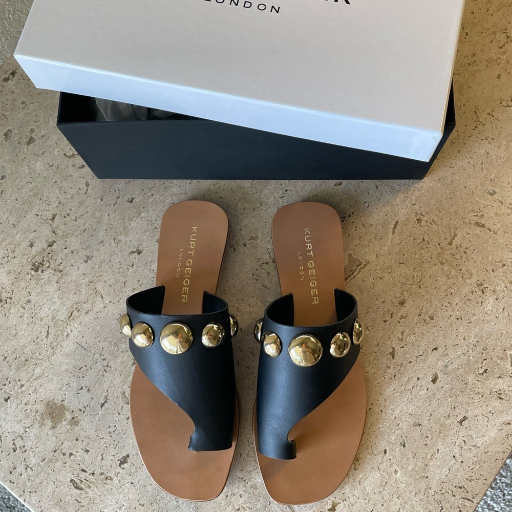 KURT GEIGER Black Leather Gold Ball Studded Toe Ring Sandals - EU 38 / 7.5-8 NIB - Picture 10 of 14